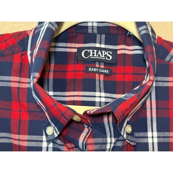 Chaps Easy Care Men's Red Navy Plaid Long Sleeve Button-up Shirt Size L Crest - Picture 11 of 14